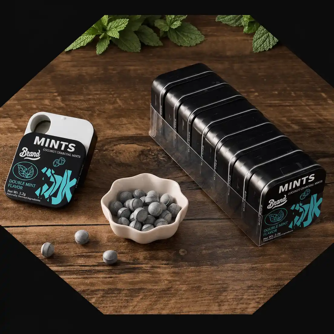 Coconut charcoal mint candy open tin and stack