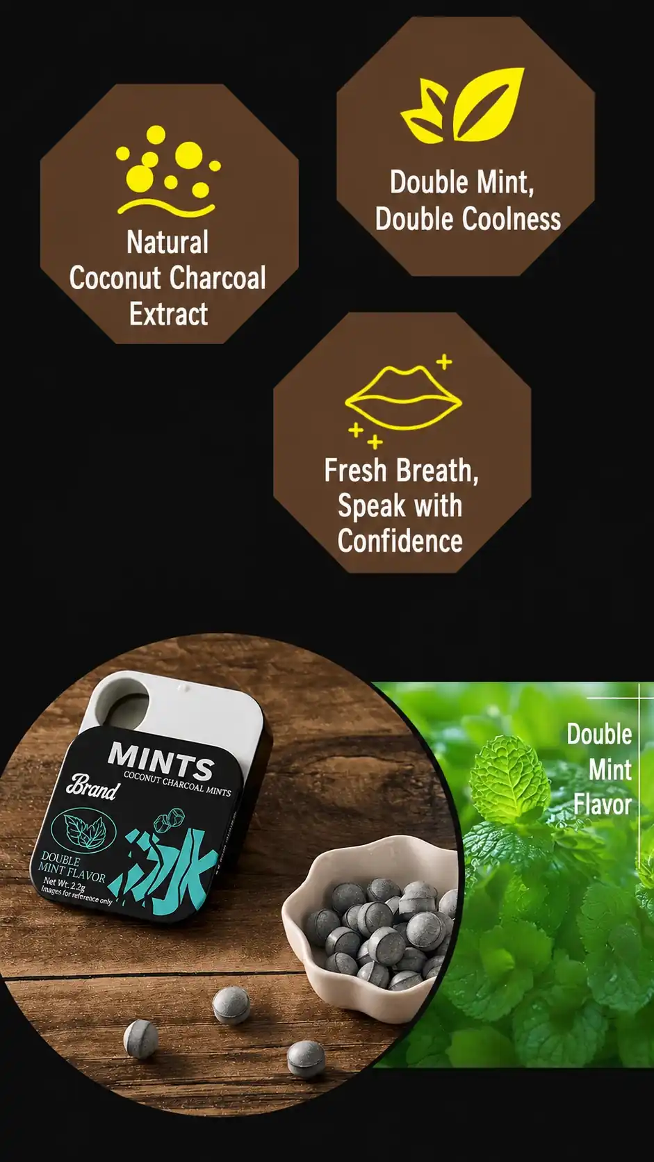 Coconut charcoal mint candy product highlights