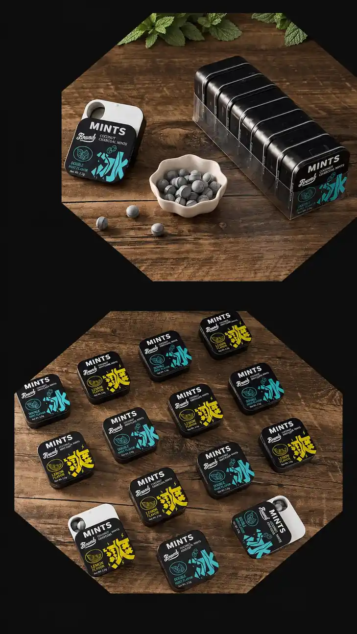 Coconut charcoal mint candy tin display collage