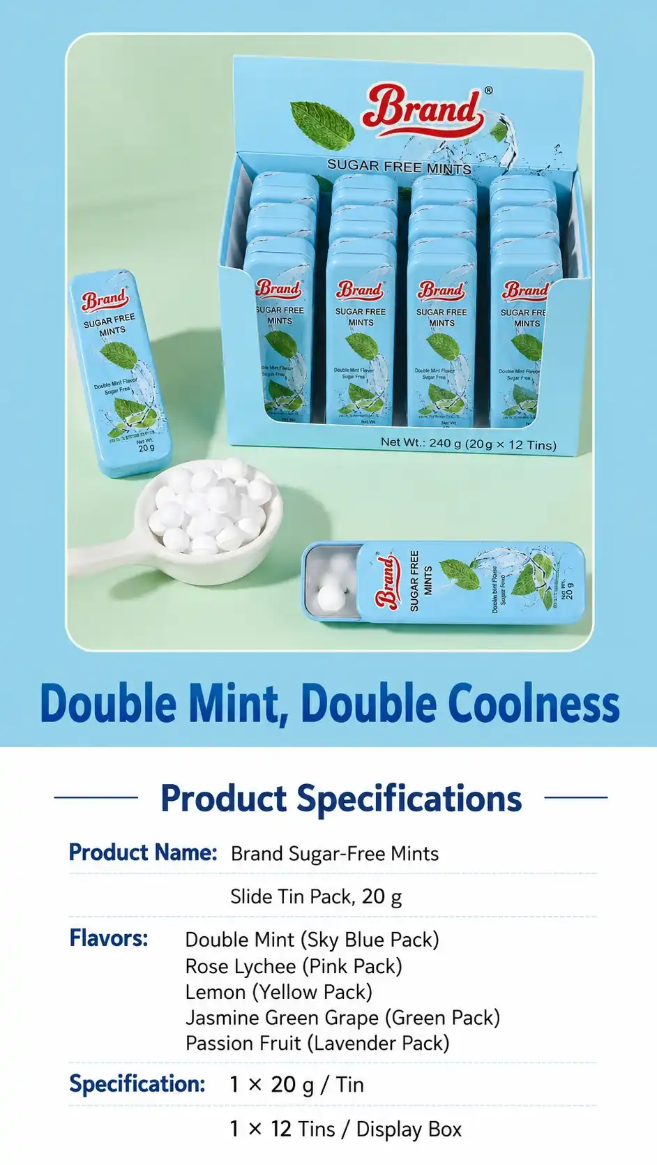 Sugar free mint balls blue tin specifications