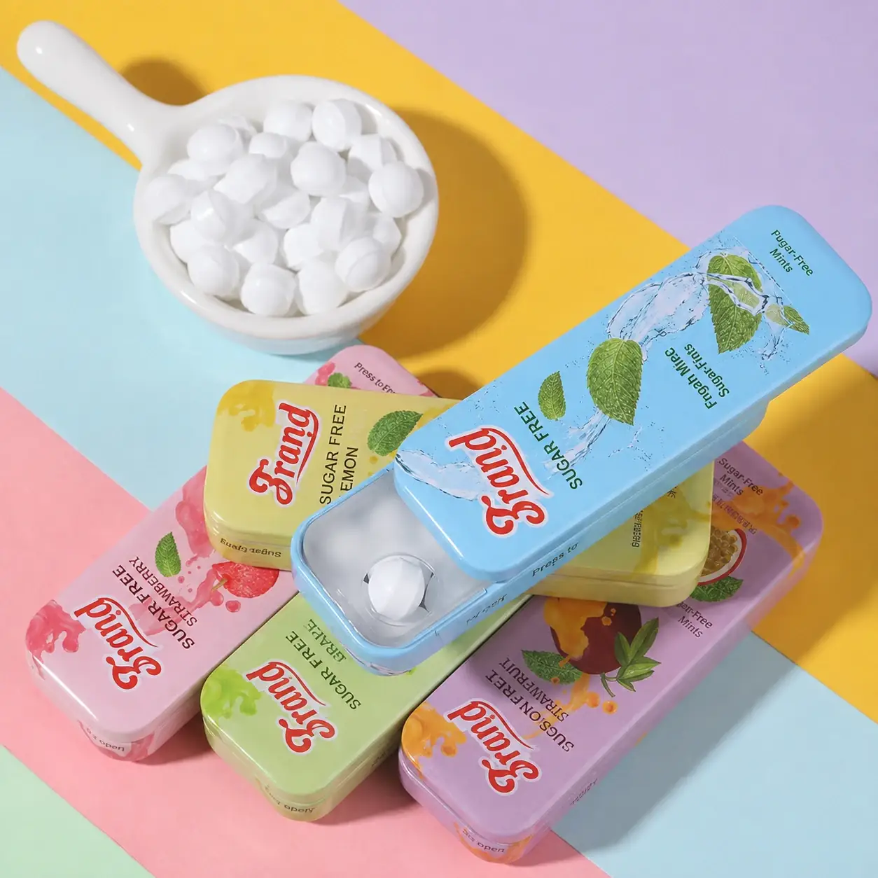 Sugar free mint balls stacked tins and bowl