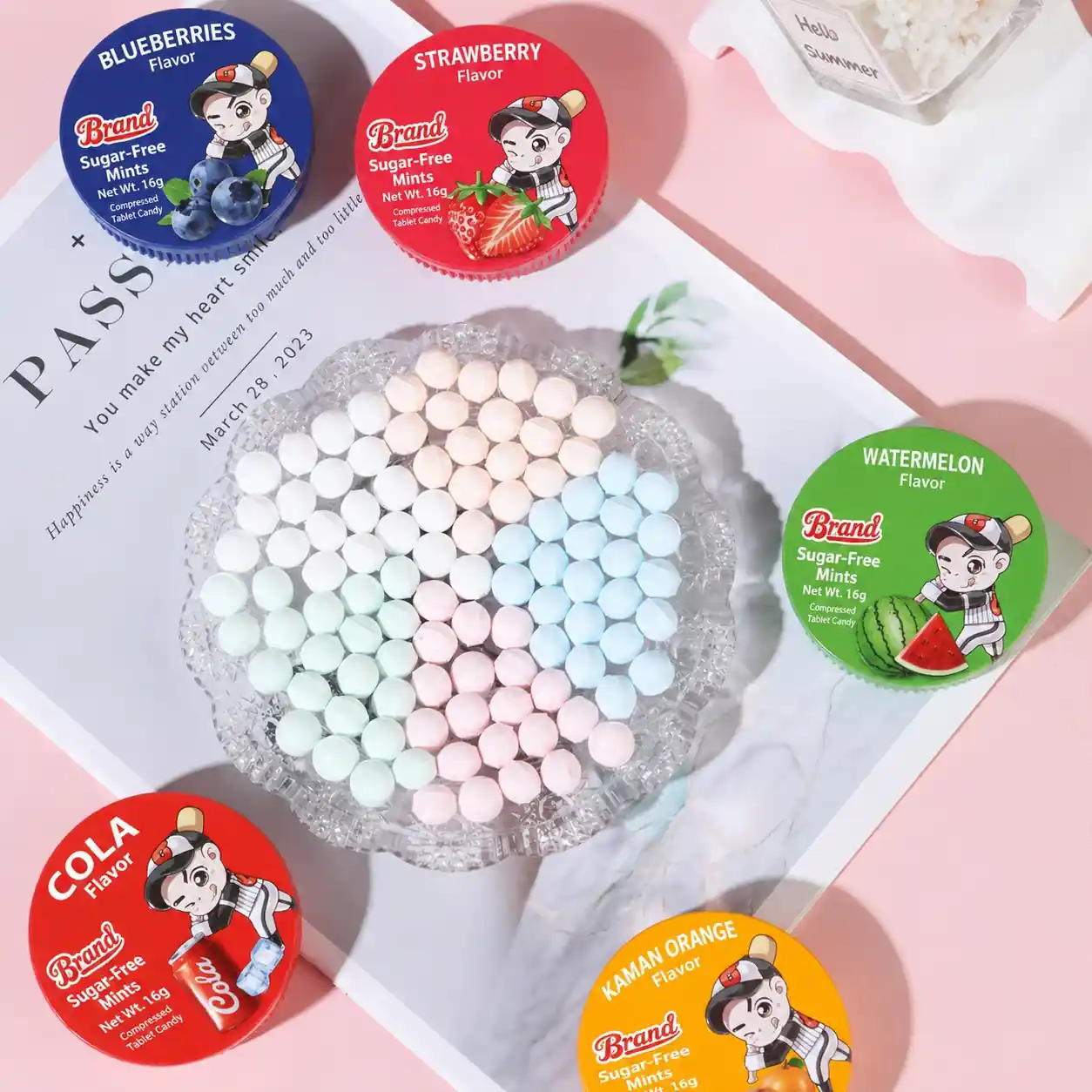 Sugar free mint candy round tins bowl and flavors