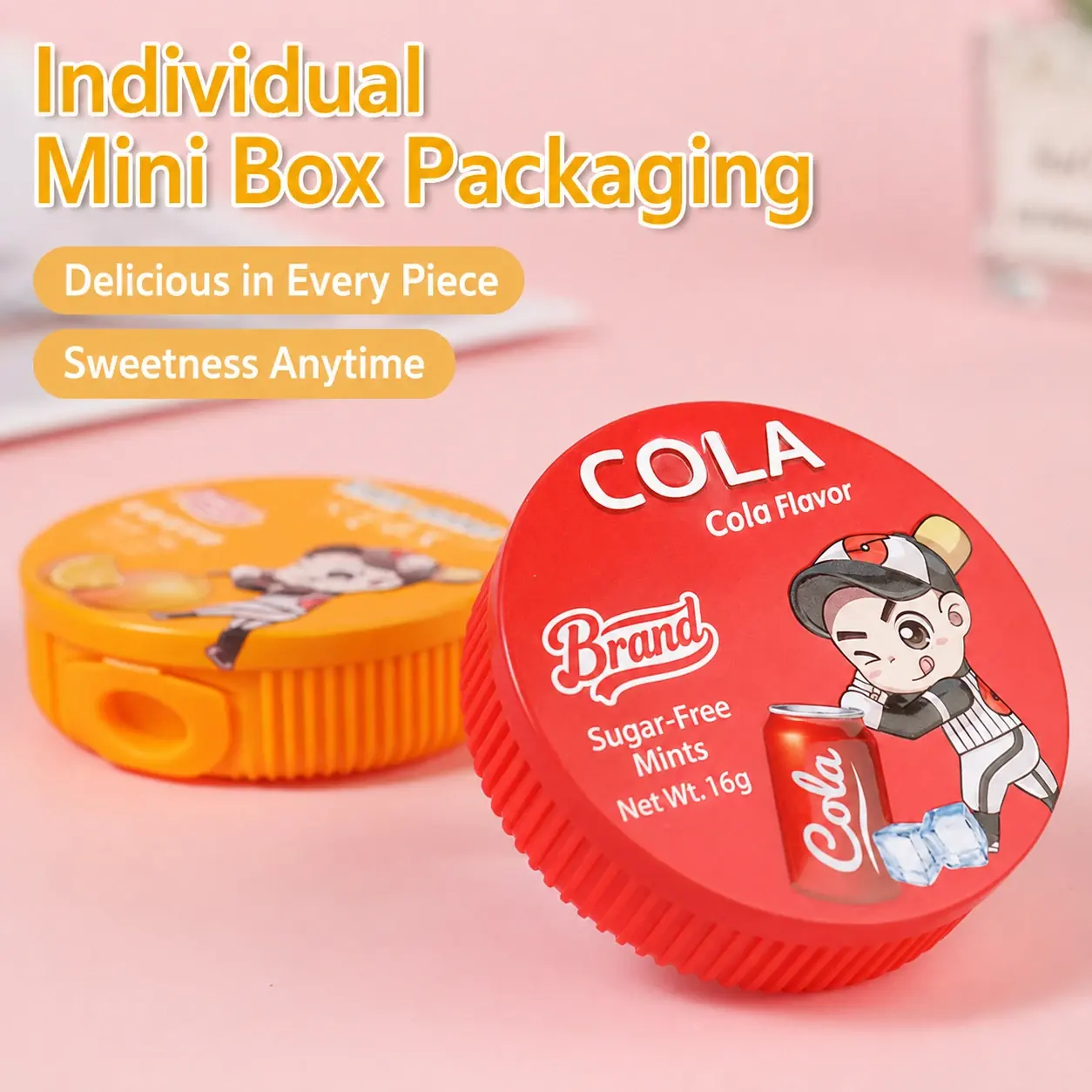 Sugar free mint candy round tins cola orange close up