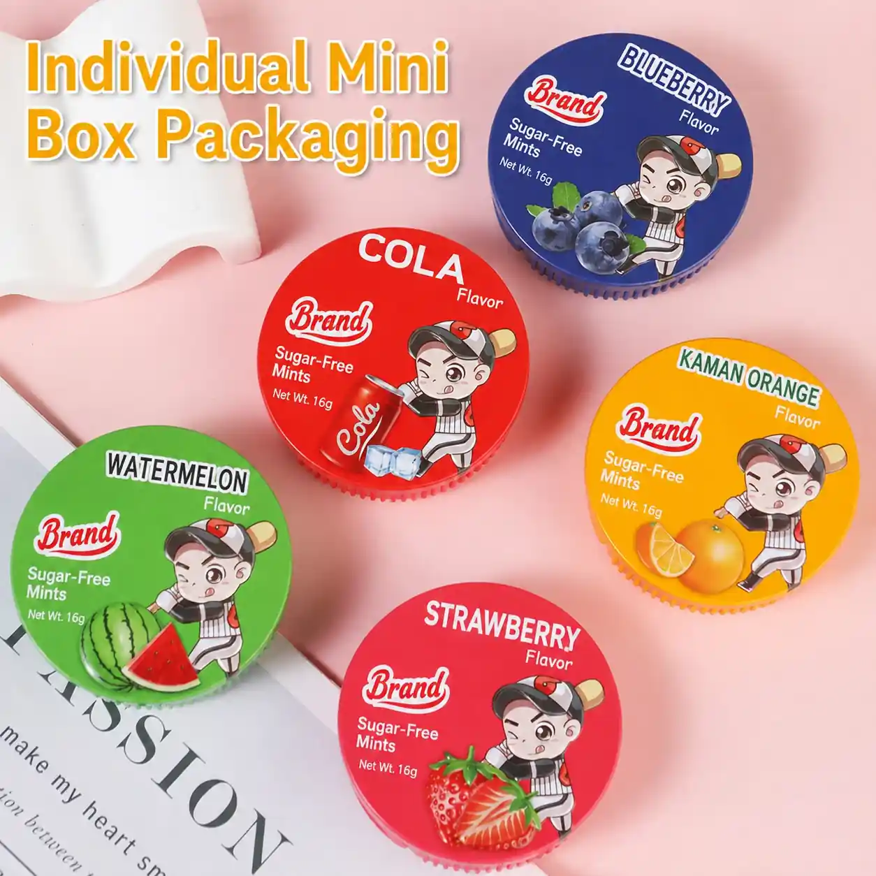Sugar free mint candy round tins five flavors flat lay