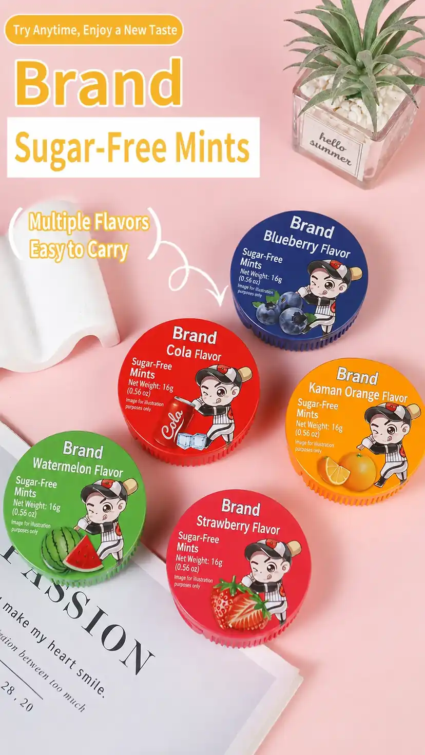 Sugar free mint candy round tins five flavors poster