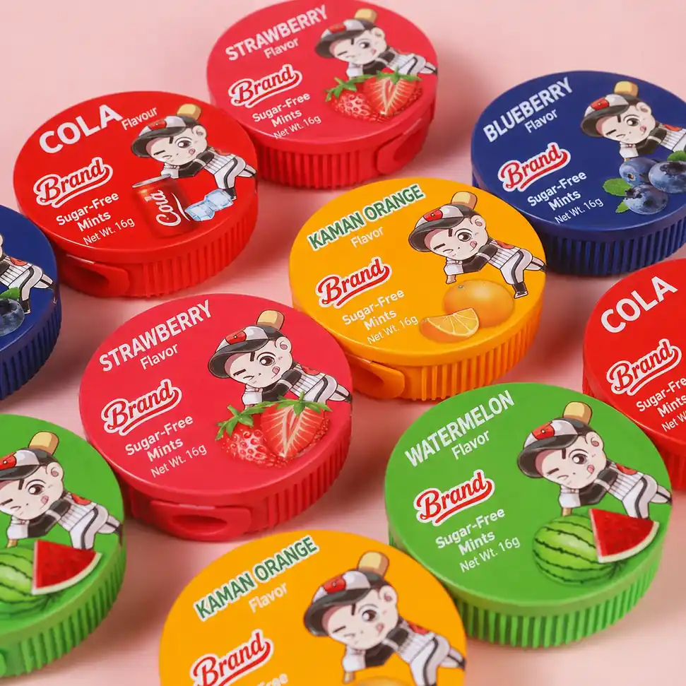 Sugar free mint candy round tins pattern flat lay