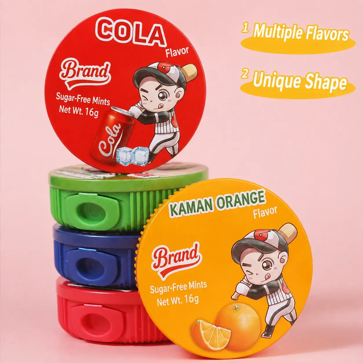 Sugar free mint candy round tins stacked cola orange