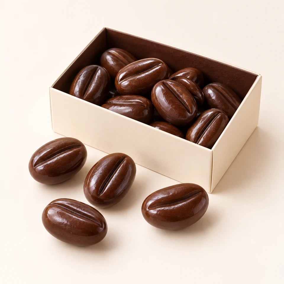 AI-generated product concept of Coffee Beans Candy — 60g Box. Actual appearance is confirmed by sample.