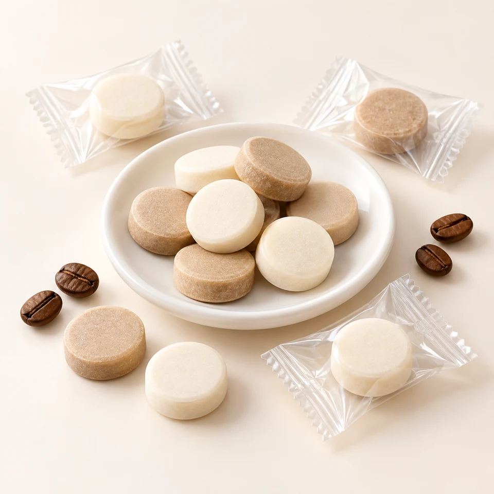 AI-generated product concept of Coffee Milk Tablet Candy. Actual appearance is confirmed by sample.