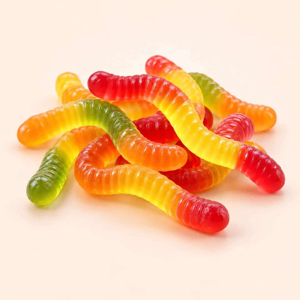 AI-generated product concept of Gummy Worms. Actual appearance is confirmed by sample.