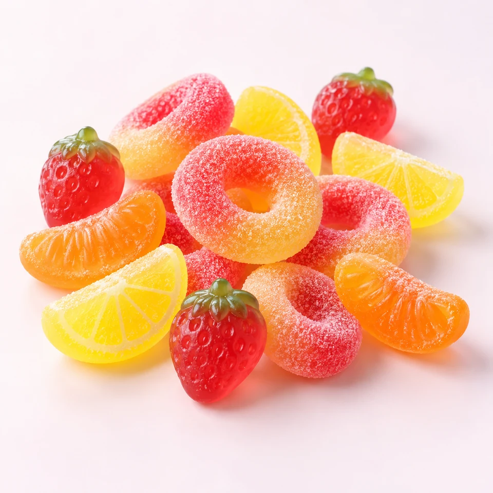 AI-generated product concept of Gummy Rings & Fruit Shapes. Actual appearance is confirmed by sample.