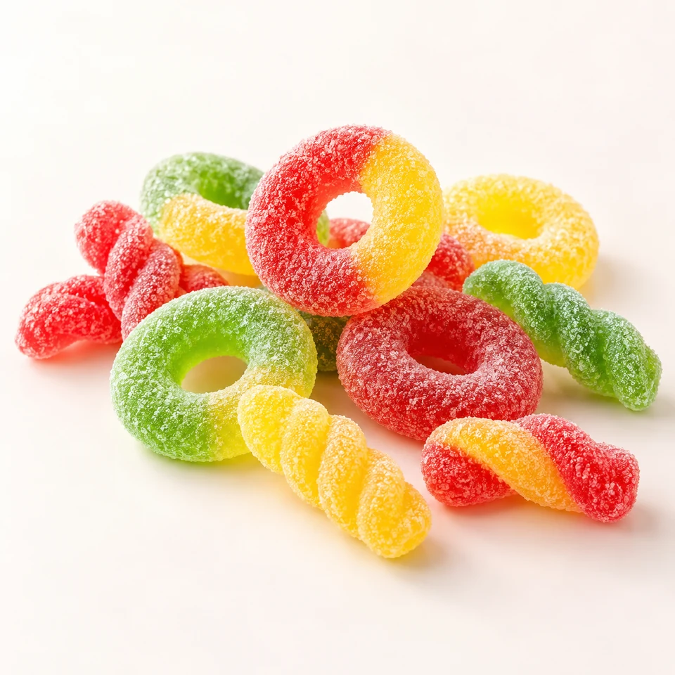 AI-generated product concept of Sour Gummy Candy. Actual appearance is confirmed by sample.