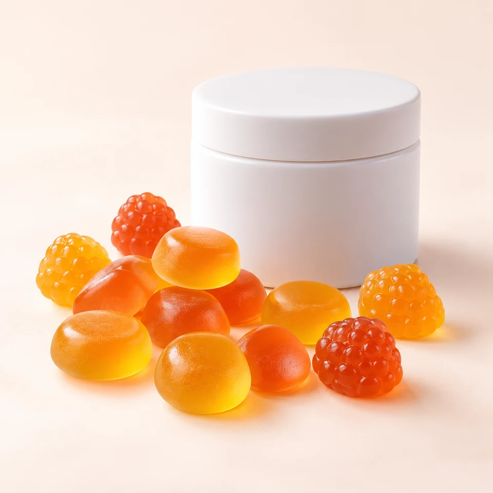 AI-generated product concept of Vitamin Gummies. Actual appearance is confirmed by sample.